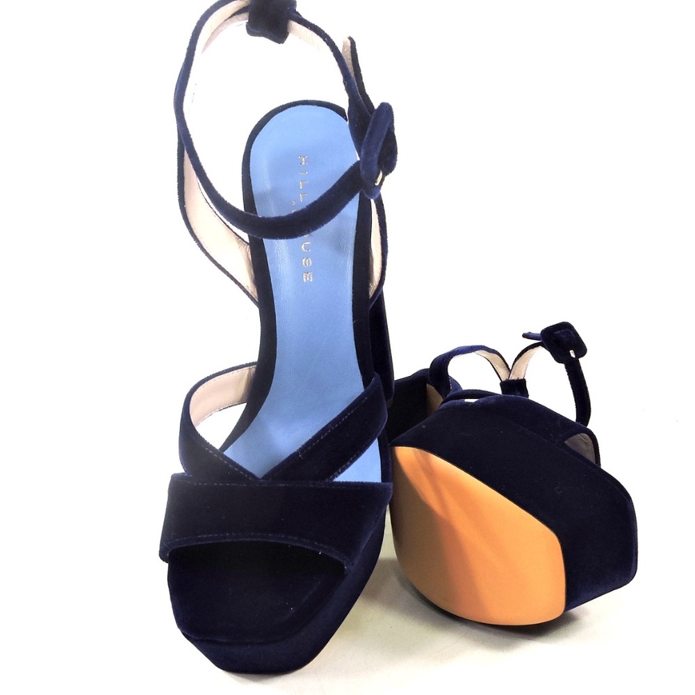 HILL HOUSE 🇮🇹 WOMEN'S BLUE VELVET FASHION HEELED SANDALS - Picture 7 of 9